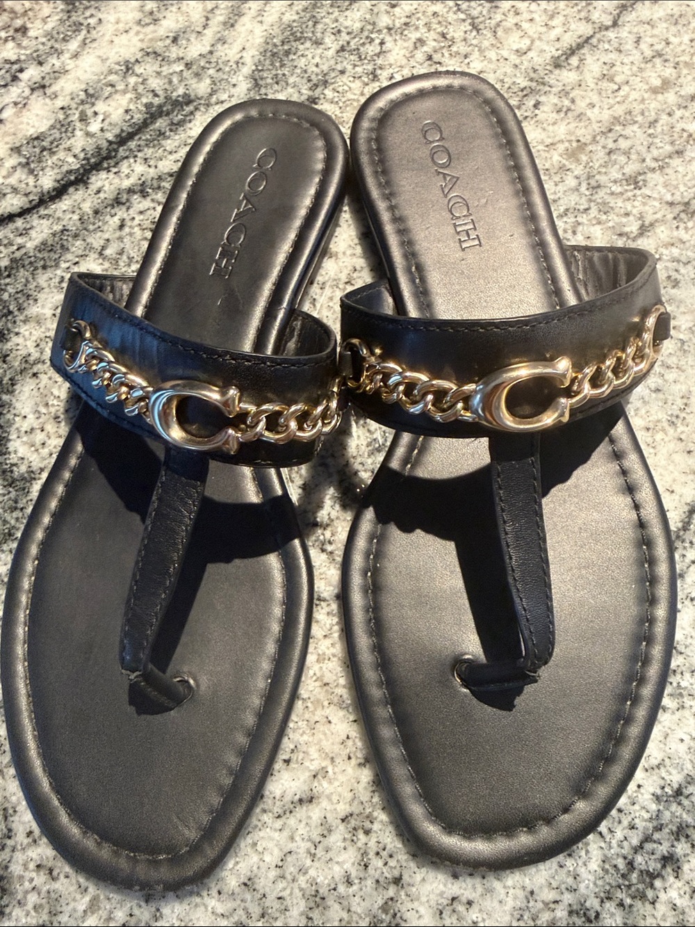 COACH Black Leather Thong Sandals with Gold Chain Logo